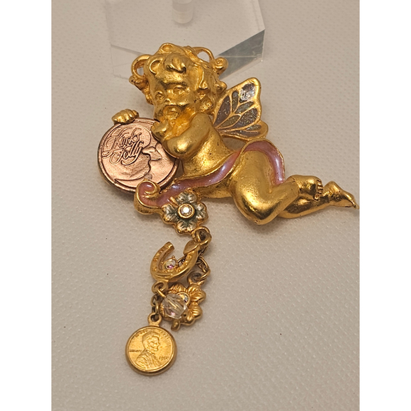 Kirk's Folly Jewelry - Vintage signed Kirks Folly Lucky Penny cherub dangle brooch